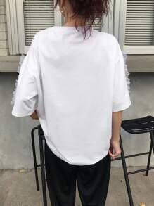 FRIFUL 女士白色宽松字母印花网眼拼布圆领短袖 T 恤，夏季