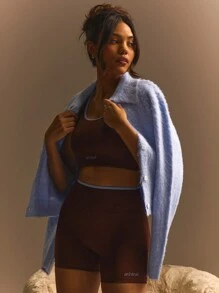 Athîral Conjunto deportivo de camisola y pantalones cortos con adorno, uso diario casual y elegante minimalista para mujeres