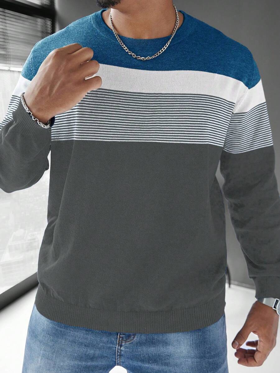 Manfinity Homme Suéter casual sencillo de cuello redondo de manga larga, con parches de un solo color para hombres - Gris Oscuro - Ver 1