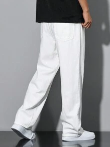 Manfinity Homme Men's Solid Color Simple Daily Casual Pockets White Denim Jeans, Men Pants