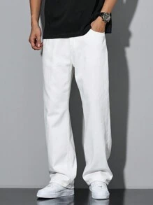 Manfinity Homme Men's Solid Color Simple Daily Casual Pockets White Denim Jeans, Men Pants