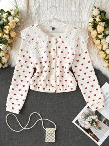 Chiquease Valentine's Day Romantic Jacket With Embroidered Hollow Lace Collar, 3D Flower Placket, Heart Pattern - Apricot - View 6