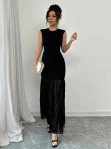 Elenzga Vestido sin mangas con adorno de plumas largas para mujeres - Negro - Ver 4