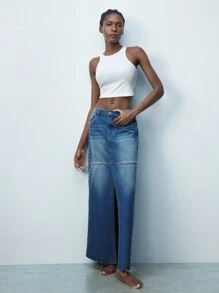 Maija Rivet Decor Casual Split Hem Mid-Waist Women Spring/Summer Denim Skirt, Classic Versatile Minimalist Style Western Wear Women - Blue - View 2