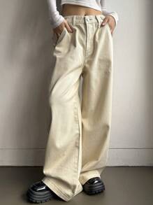 DAZY Pantaloni larghi in vita alta di colore tinta unita con tasche frontali con bottone per le donne