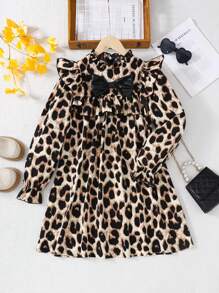 Tween Girls Casual Leopard Print Ruffle Trim Bow Front Long Sleeve A-Line Smock Dress - Apricot - View 1