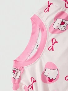 Young Girl Bow Print Crew Neck Long Sleeve Pajama Set: Top And Bottoms