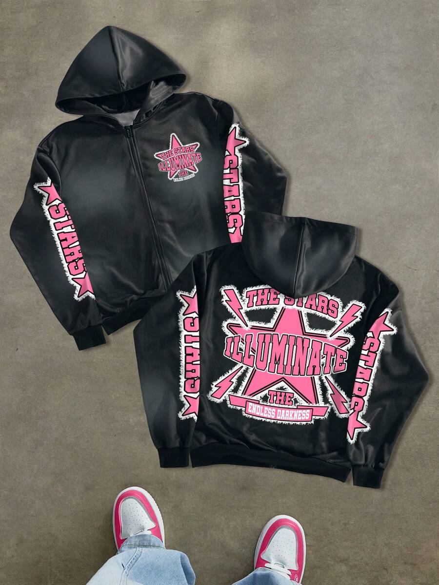 PAVTROS Manfinity Streetrush Men's Autumn Letter & Pentagram Print Long Sleeve Zip Up Hoodie - Black - View 1