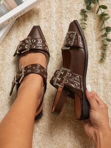 SHUZIA Women's Chocolate PU Chunky Buckle Slingback Flats: Wild Punk Style, Angular Silhouette, Chunky Grommets, Oversized Buckles, Snip Toe. Mother's Day Present For Christmas Valentine's Day - Chocolate Brown - View 2