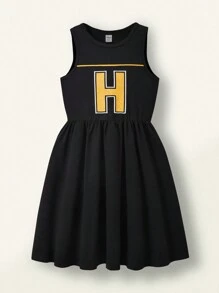 SHEIN Explorewe 1pc Girls Retro American College Style Letter Graphic A-Line Camisole Dress