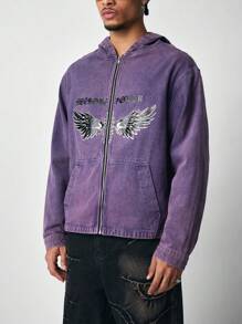 ROMWE MEN Street Life Men's Casual Front Zipper Long Sleeve Pocket Printed Denim Jacket - Purple - View 4