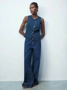 Maija 蓝色 V 领单排扣宽松休闲马甲无袖牛仔上衣，适合春夏季，西式女装，独立日/7 月 4 日，圣约翰，毕业典礼，节日服装，外出，老钱 - 藍色 - 查看 2