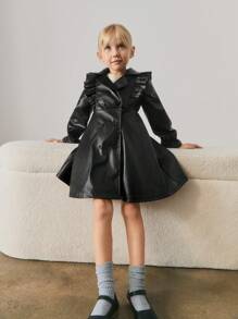 Maija Kids Maija Kids Loose Casual Lapel Ruffle Double-Breasted PU Leather Dress For Young Girl - Black - View 6