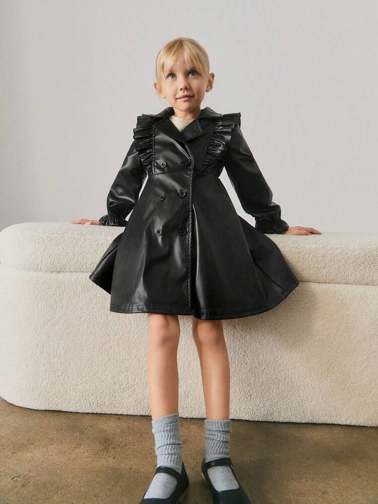 Loose Casual Lapel Ruffle Double-Breasted PU Leather Dress For Young Girl