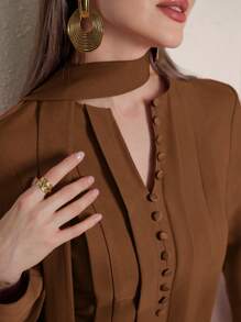 Modelyn Women's Solid Color Front Button Closure Minimalist Long Sleeve Maxi Abaya Dress Long Evening Dresses - Rust Brown - View 3