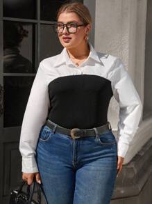 SHEIN Clasi Plus Size Women Solid Color Patchwork Long Sleeve Casual Blouse