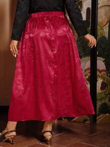 SHEIN VCAY Saia Elegante de Estilo Chinês Novo com Cintura Elástica e Botões de Rã para Mulheres Plus Size, Look para o Dia dos Namorados Romântico - Vinho - Visão 2