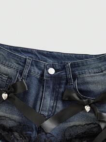 ROMWE Grunge Punk 女士性感低腰吊坠蕾丝蝴蝶结可爱深街黑/蓝色迷你牛仔短裤 - 藍色 - 查看 4