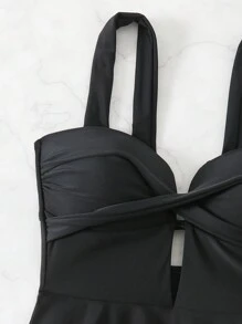 Swim Lushoire Women Beach Dress, Solid Cross Wrap Ruched Tummy Control Hollow Shoulder Elegant Swimwear For Summer Beach Vacation