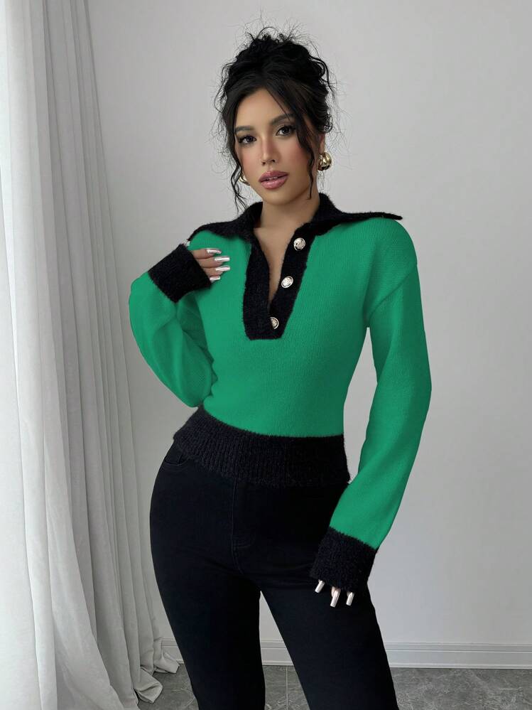 Elenzga Suéter de punto con cuello polo, botones y mangas largas, estilo deportivo de bloques de color para mujer, para otoño e invierno - Verde - Añade 6