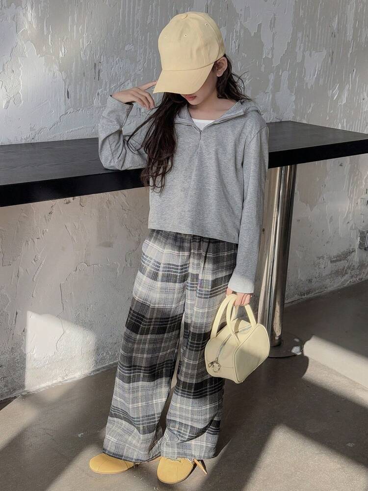 Tween Girls 2pcs Set - Zip-Up Front Hoodie Shirt And Plaid Wide-Leg Pants