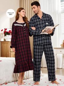 Men's Plaid Patchwork Front Button Casual Home Wear Set - Multicolor - View 1