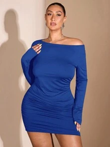 SHEIN BAE فستان قصير أنيق للسيدات بحجم كبير، مفتوح من الخلف، مطوي مطاطي، كم طويل، كتف مكشوف، مناسب للخريف/الشتاء - أزرق غامق - مشاهدة 4