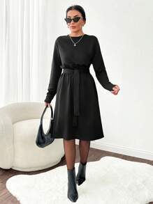 RueChic Solid Color Belted Side Mini Split Long Sleeve Midi Dress - Black - View 1