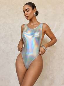 SHEIN Swim 女士无袖镂空紧身休闲连体泳衣夏季 - 銀色 - 查看 1