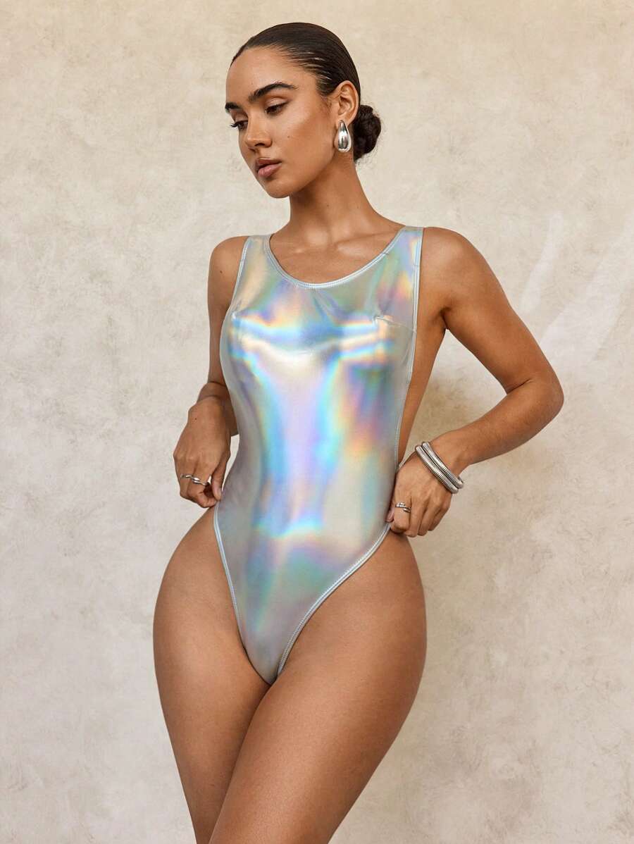 SHEIN Swim 女士无袖镂空紧身休闲连体泳衣夏季 - 銀色 - 查看 1