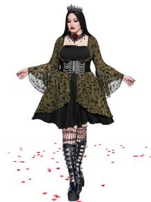 Whyspr Goth Punk Plus Size Solid Color Patchwork Long Sleeve Casual Elegant Dress Goth Women Outfit - Green - View 4