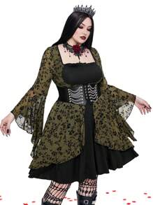 Whyspr Goth Punk Plus Size Solid Color Patchwork Long Sleeve Casual Elegant Dress Goth Women Outfit - Green - View 7