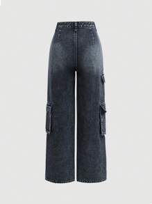 SHEIN Girlism 青少年女孩宽腿宽松休闲工装口袋牛仔裤 - 深色水洗藍 - 查看 2