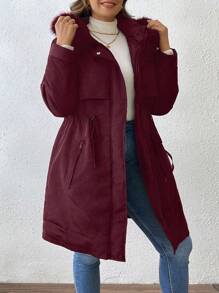 SHEIN LUNE Jaket Puffer Kasual Berkerudung dengan Saku, Warna Polos, Ukuran Besar, Lengan Panjang, Resleting Depan, Pakaian Musim Dingin - Burgundy - View 5