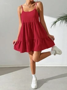 SHEIN EZwear 女士纯色细肩带褶皱简约短款休闲连衣裙 - 玫瑰紅 - 查看 3