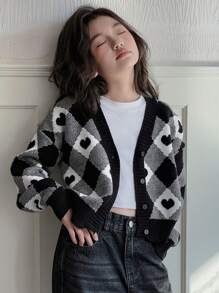 DAZY Tween Girl Drop Shoulder Long Sleeve Color Block Heart Pattern Plaid Cardigan,Back To School Clothes