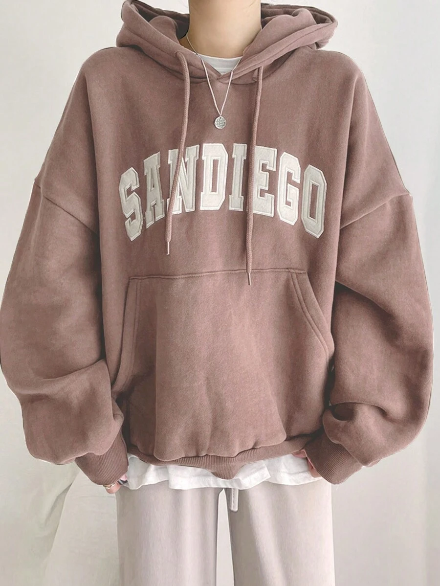 DAZY Thermal Lined Hooded Sweatshirt For Women, Casual Letter Print Pullover Hoodie, Autumn/Winter - Apricot - View 1