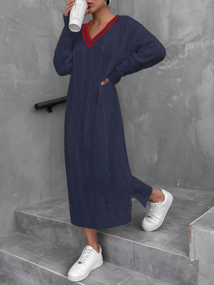 EURMUSE V-Neck Black Trim Contrast Design Cable Knit Pattern Dress For Women - Navy Blue - View 1
