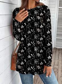 EMERY ROSE Casual minimalistisch bloemenprint T-shirt met lange mouwen voor dames, geschikt voor lente en herfst