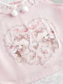 ROMWE Kawaii 女士可爱二合一蕾丝拼布毛绒蝴蝶结和熊图案印花吊带背心 - 粉色 - 查看 3