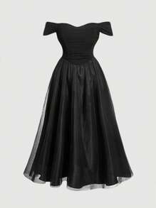 SHEIN MOD Vestito midi nero in rete arricciato con spalle scoperte per taglie forti - nero - Visualizzare 1