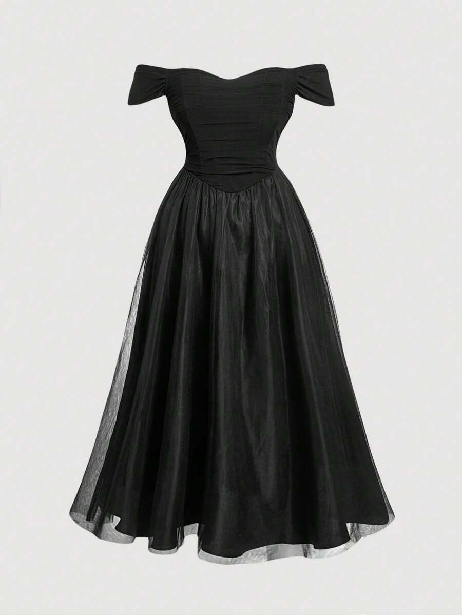 SHEIN MOD Vestito midi nero in rete arricciato con spalle scoperte per taglie forti - nero - Visualizzare 1