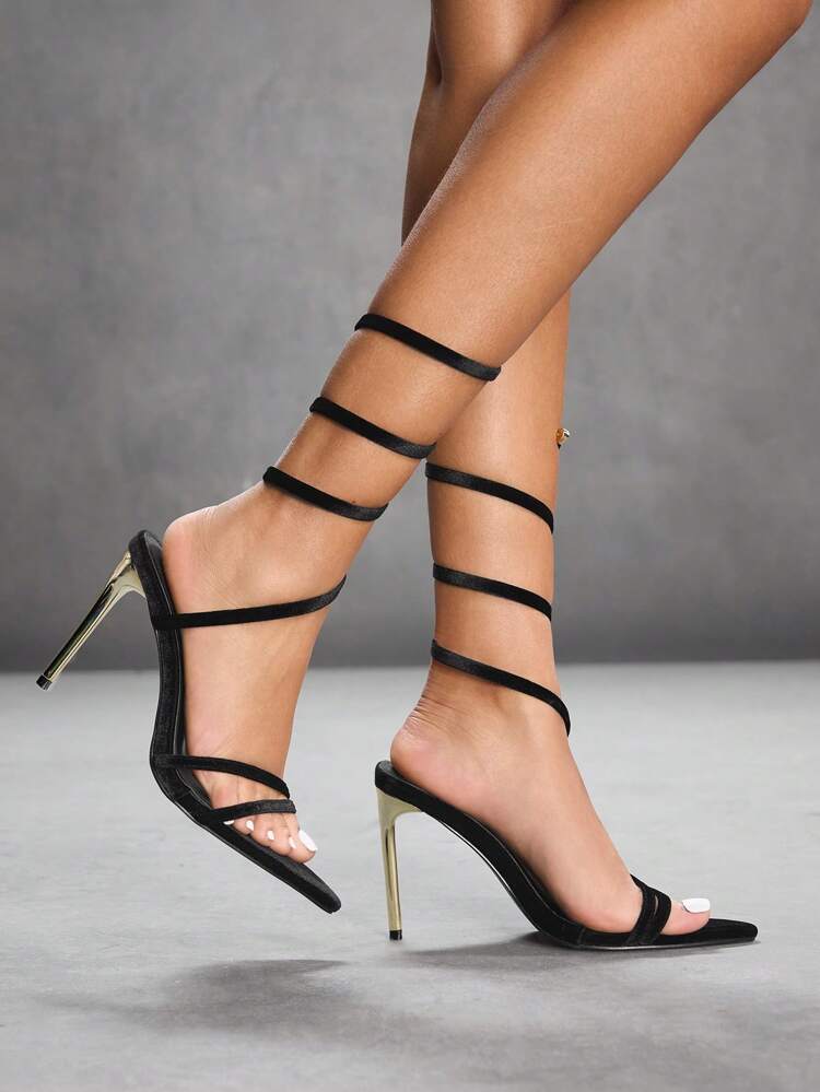 CUCCOO SZL Pointed Toe Metal Stiletto Heel Velvet Strap Women's High Heel Sandals, Suitable For Night Out Hot Lady Outfit, Party Wear, & New Year Party, Spring/Summer Evening Outfit Spring Shoes Spring Break Easter Prom Heels