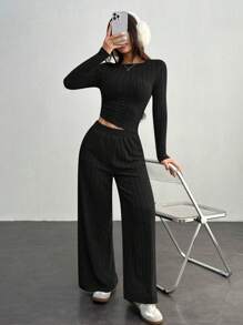 SHEIN PETITE 秋冬女装宽罗纹针织修身不对称斜下摆上衣+阔腿裤休闲舒适家居深灰色两件套 - 黑色 - 查看 5