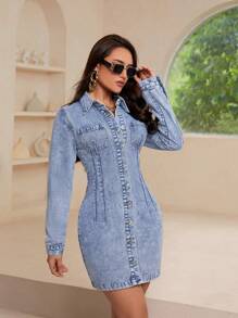 SHEIN Essnce Women's Casual Long Sleeve Single-Breasted Pocket Denim Dress, Autumn