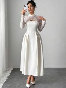 Firerie 优雅简约精致浪漫通勤日常新年中式立领蕾丝拼接泡泡袖侧褶 A 字型白色中长连衣裙 - 白色 - 查看 4