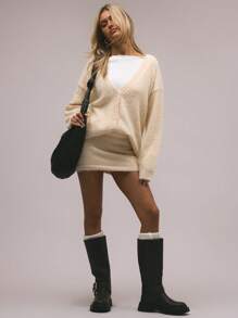 MUSERA Oversized V Neck Button Up Knit Cardigan Evening Party Elegant - Yellow - View 4