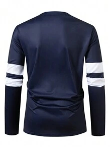 Calvornis Plus Size Men's Striped Button Half Placket Long Sleeve Casual T-Shirt, Autumn - Multicolor - View 2
