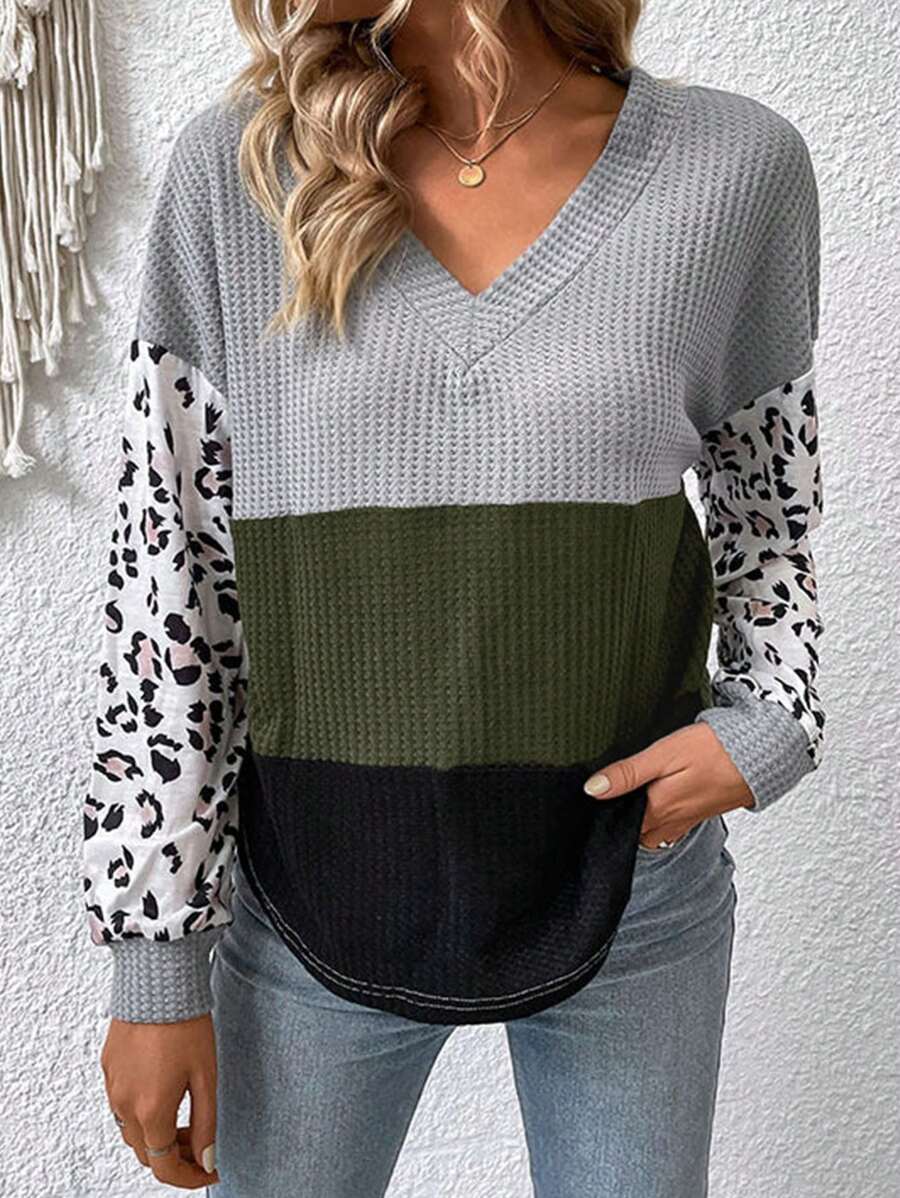SHEIN LUNE Women's Solid Color Splice V-Neck Long Sleeve Casual Blouse Fall Cloth For Women - Multicolor - View 1
