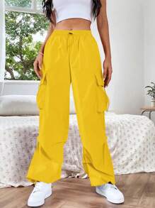 SHEIN EZwear Dopamine Pink Flap Pocket Side Drawstring Waist Cargo Pants - Yellow - View 5